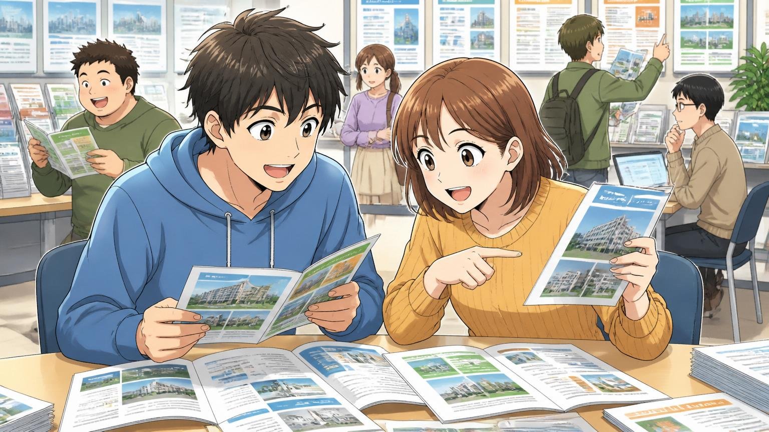 大学のキャリアセンターで就活生の20代男女がパンフレットや求人情報を手に企業比較をしている、明るく前向きな雰囲気。
