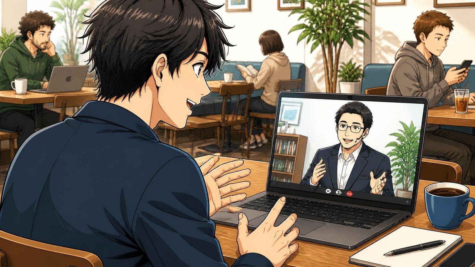 「応募ではなく情報収集だけ」が許される唯一の場。カフェのテーブルでIT特化型転職エージェントとオンラインで面談する30代前半のエンジニアが落ち着いた表情で話している