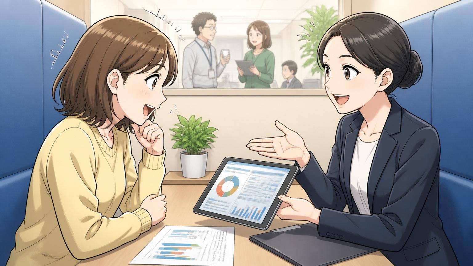 市場価値を知る最速の方法は無料相談、転職エージェントの面談ブースで30代女性エンジニア1人とキャリアアドバイザー1人が話し合う