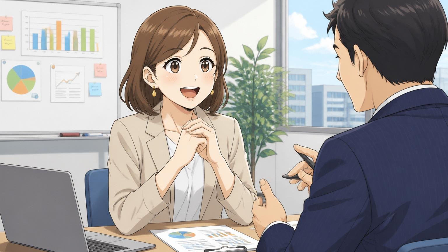 迷ったら自分の市場価値を知るのが先。Web系企業の会議室で30代女性が転職エージェントとの面談で笑顔