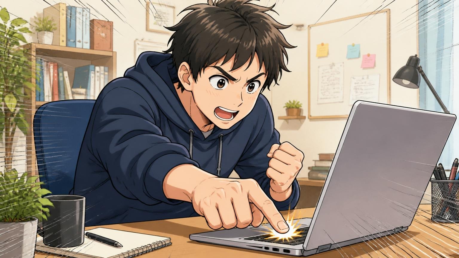 情報収集の次の一歩を踏み出すエンジニア、自宅のデスクで在宅勤務、1人がノートPCに向かって登録ボタンを押す決意した表情