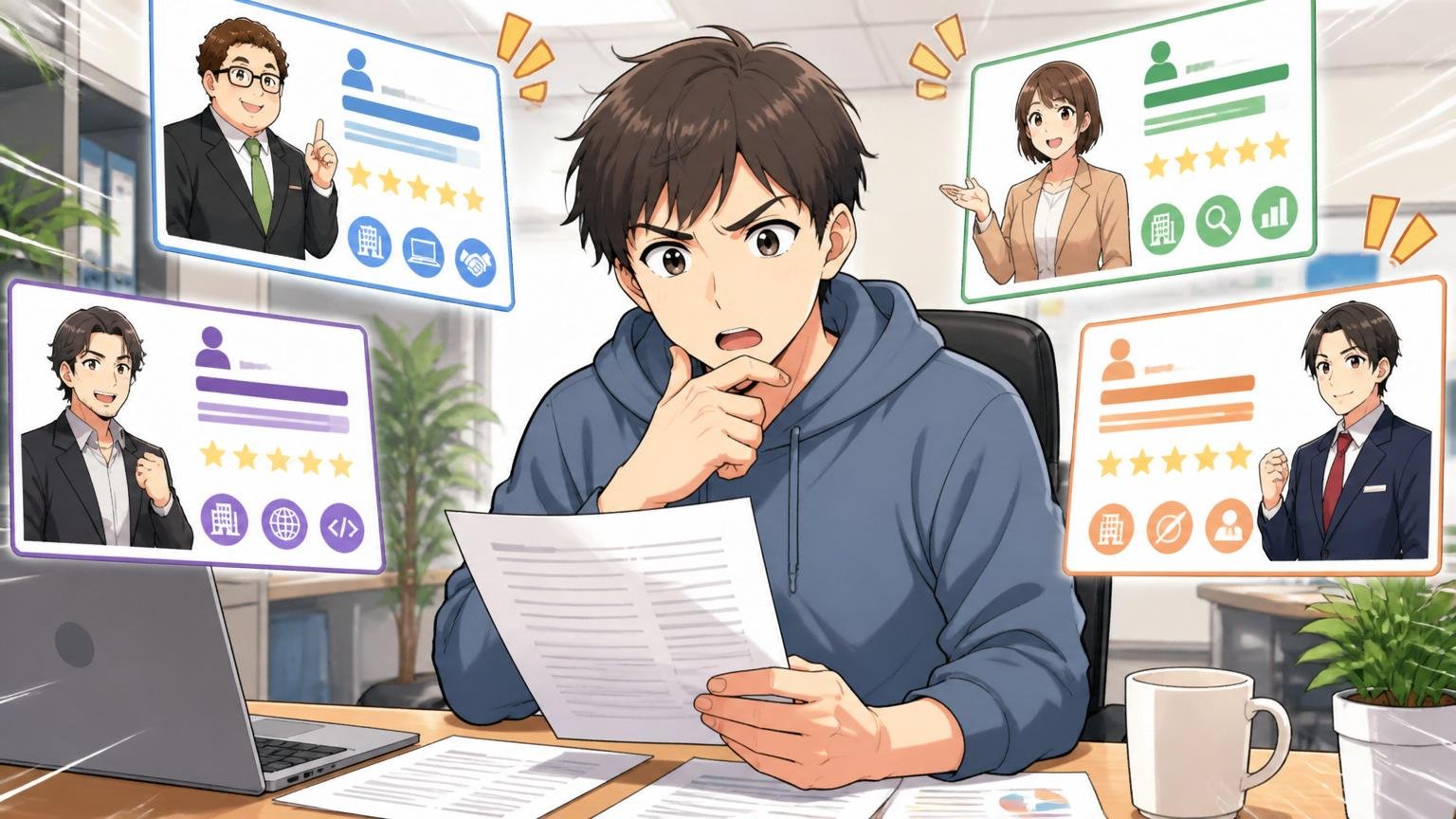 おすすめエージェントを比較、オフィスで複数の転職エージェントの強みを見比べて検討する20代後半エンジニア