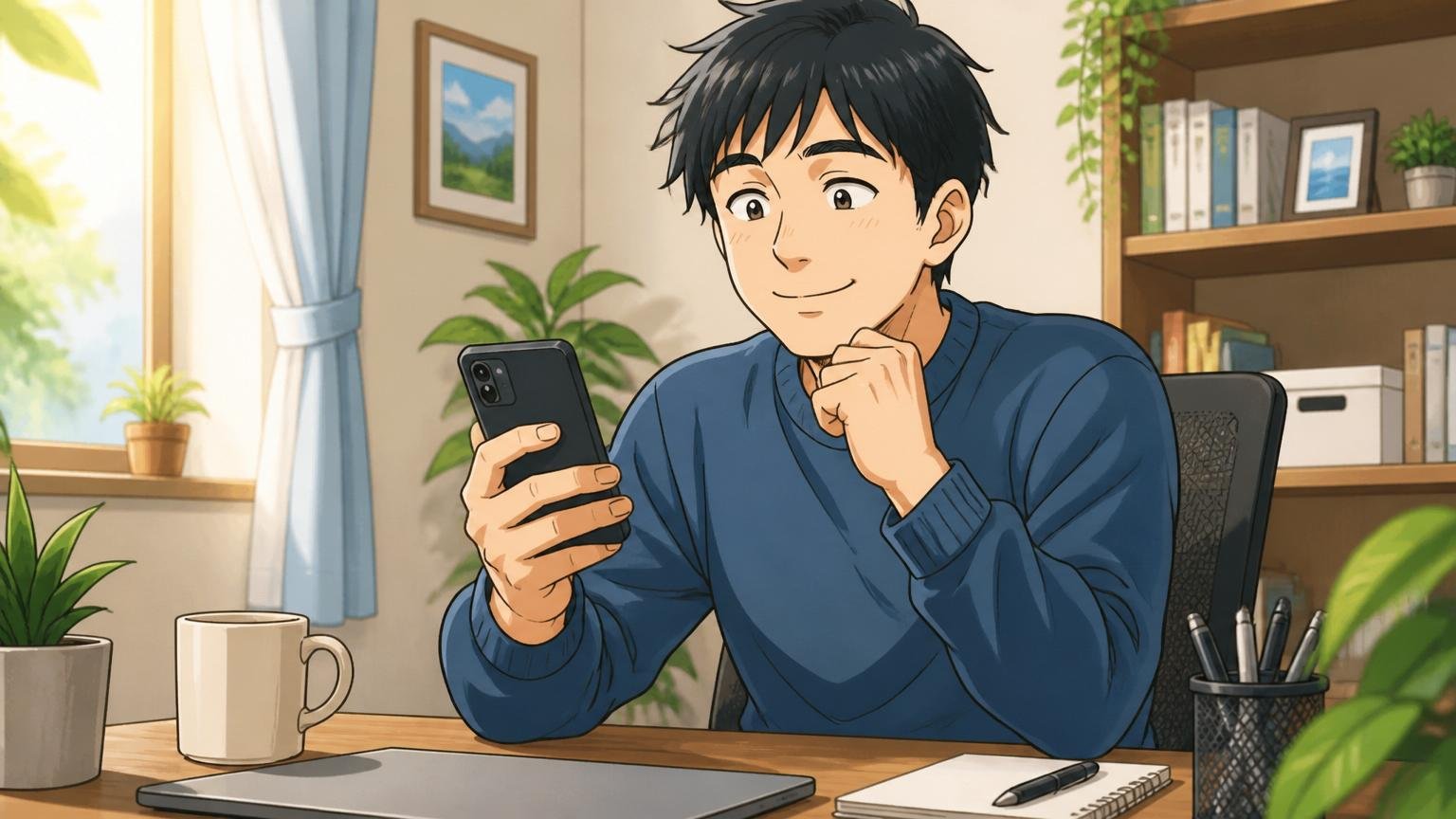 情報収集だけでも価値がある。自宅のデスクで30代男性が1人スマホ片手にほっとした穏やかな表情を見せる