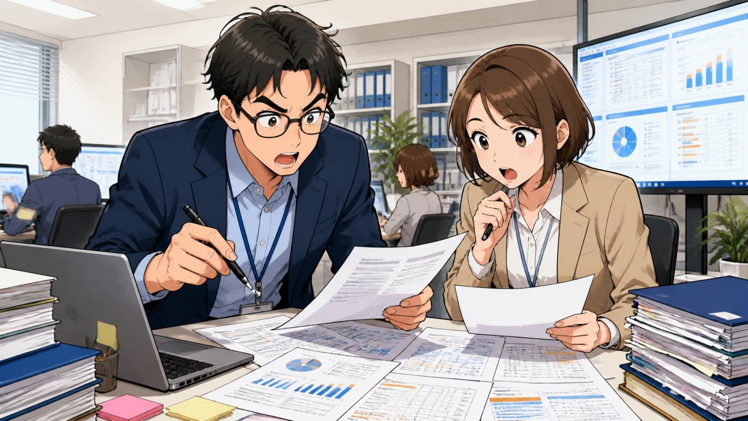 「比較対象を持つ第三者」の存在を表すIT特化型転職エージェントのオフィスで2名の専門アドバイザーが企業情報を整理する様子