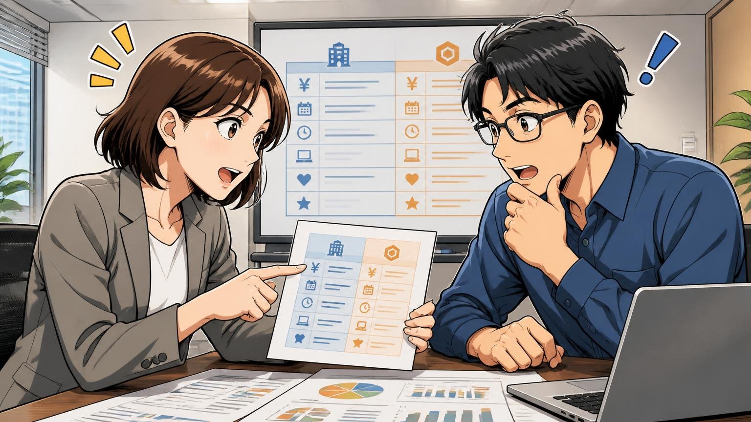 企業の会議室で30代女性エージェントと30代男性エンジニアがオファー条件を比較しながら相談する