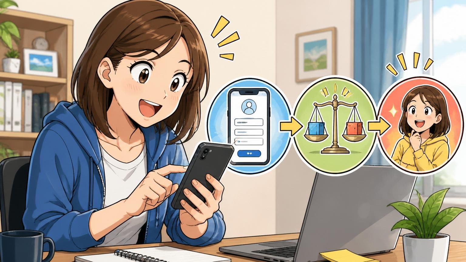 登録から比較・判断までの流れ/自宅のデスクで30代女性エンジニアがスマホで登録手続き中、笑顔