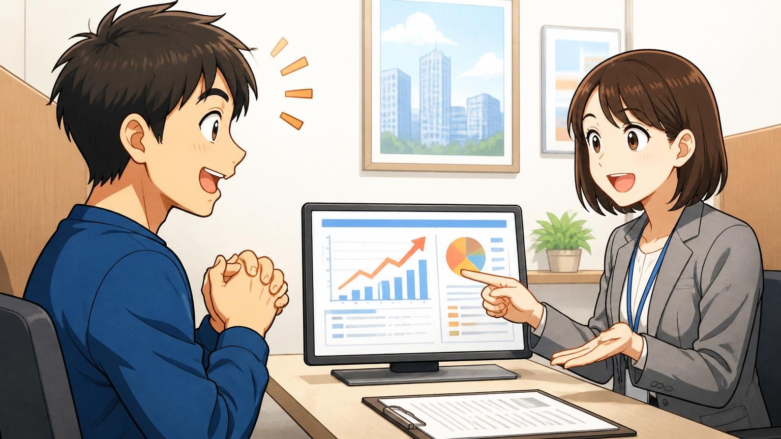 エージェントから市場価値の説明を受けて納得する、転職エージェントの面談ブースでエンジニア1人とキャリアアドバイザー1人