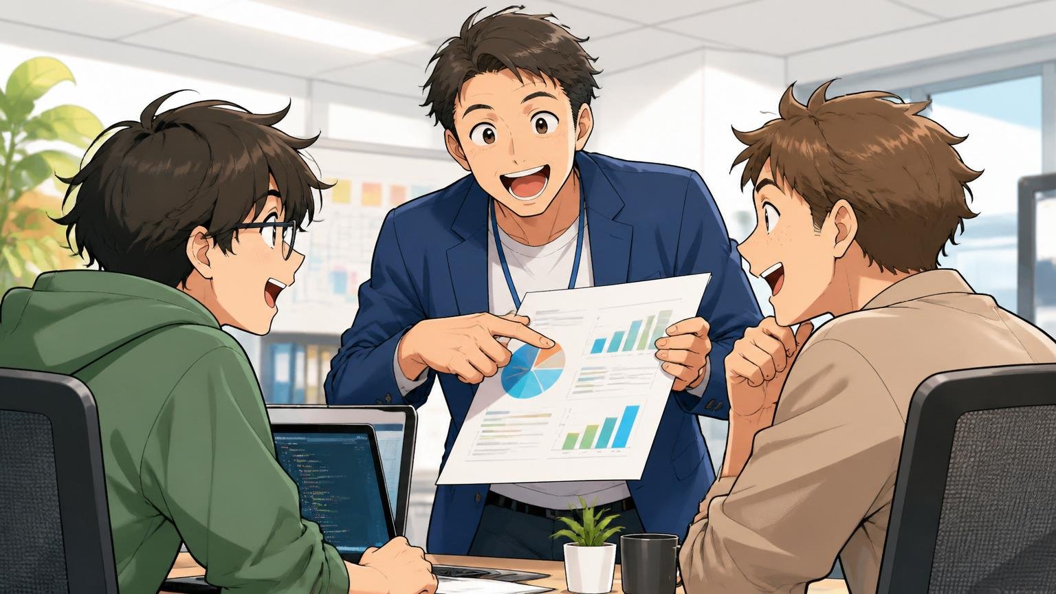 Web系企業のオフィスでアドバイザーが2人のエンジニアに資料を提示し笑顔で説明する場面