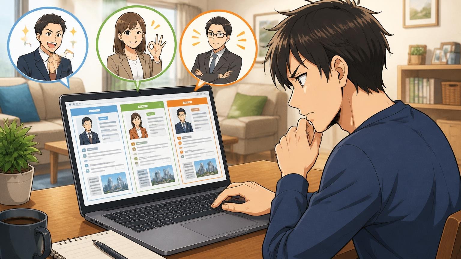 複数のエージェントを比較する転職検討者 落ち着いた自宅のリビング 30代男性1人がノートPCで複数サイトを並べる