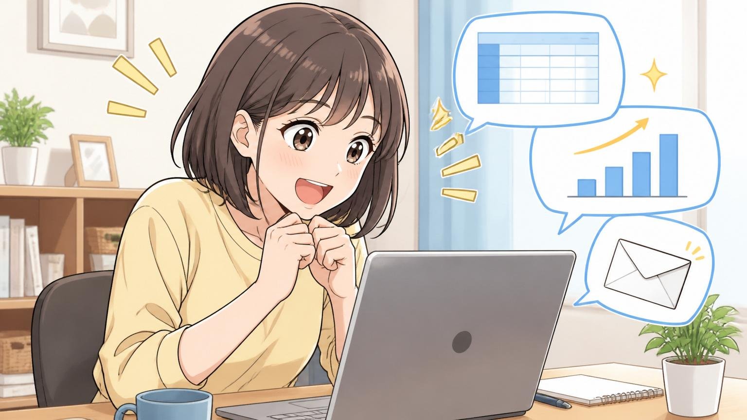 無料相談で求人レンジ・年収レンジ・スカウトを見る 自宅のデスクで30代女性がノートPCを開きスカウトメールを確認