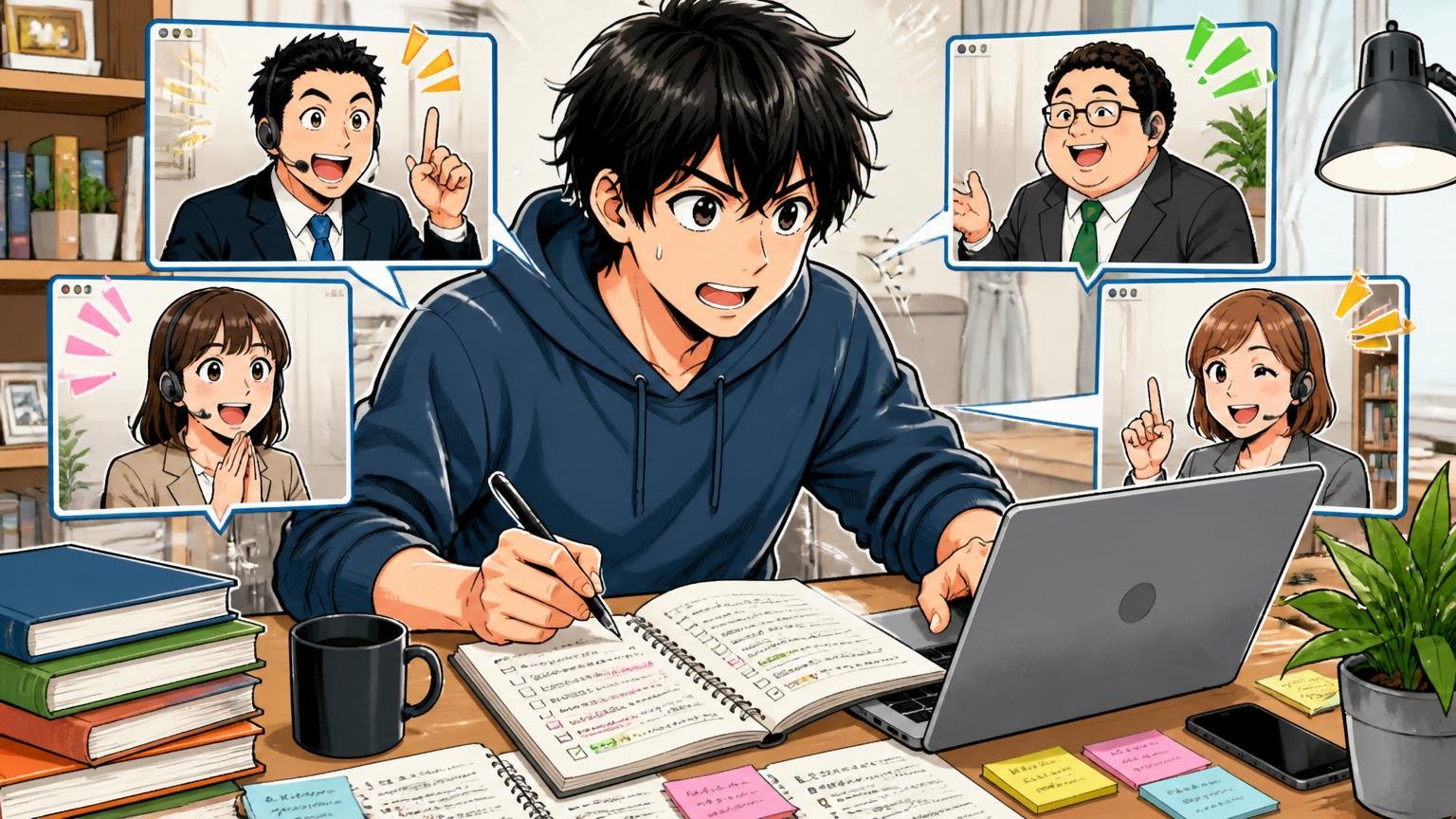 自宅のデスクで複数の転職エージェントの担当者と並行して連絡を取りながら比較メモを書き込むエンジニア