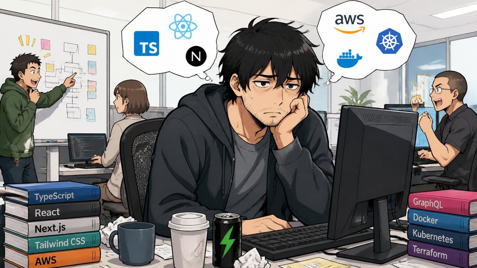 技術スタックだけで企業を選ぶ。Web系スタートアップのオフィスで30代エンジニアが疲労した表情でモニターを見つめている