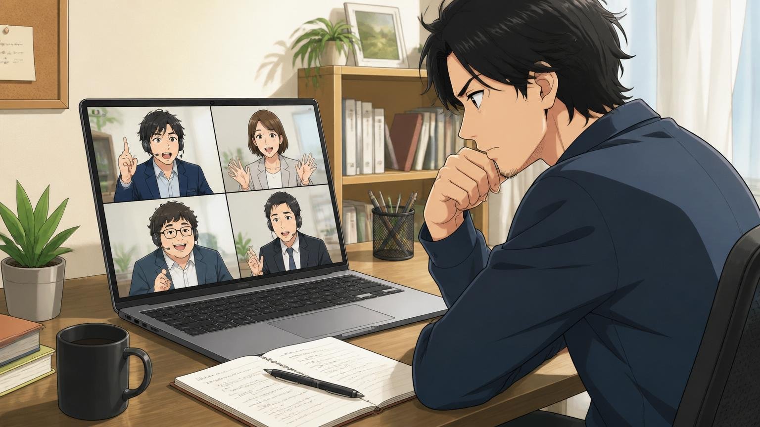 自宅のデスクで複数の転職エージェントとオンライン面談する30代エンジニア, ノートPC画面に向かう真剣な表情
