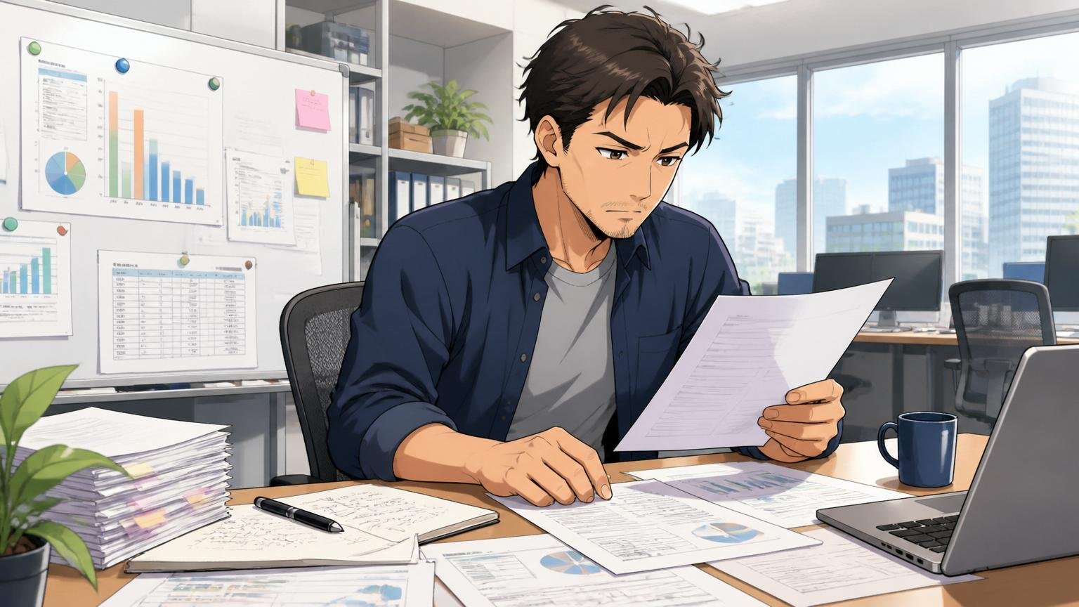 都内のオフィスで年収交渉の材料を準備して資料を整理する30代後半エンジニアが落ち着いた様子で書類を確認