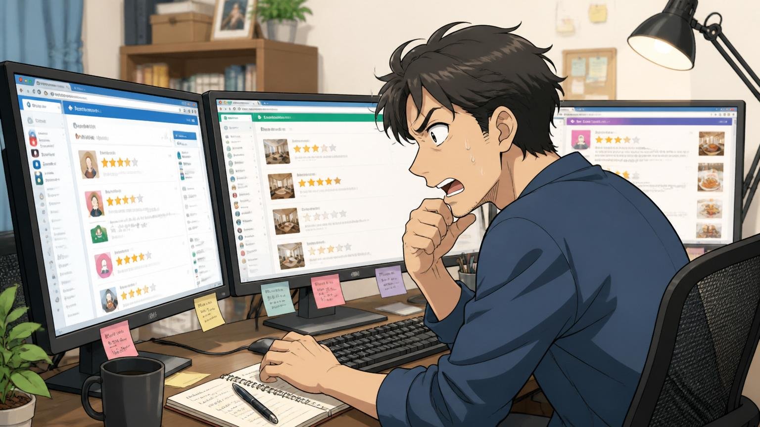 自宅のデスクで複数の口コミサイトを並行で見比べる30代エンジニア1人