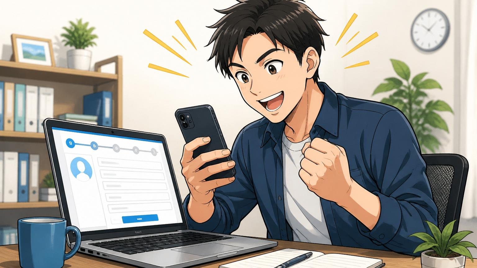 スマホとノートPCを開いて転職エージェントの登録画面を前に明るい表情の30代エンジニア1人・前向き