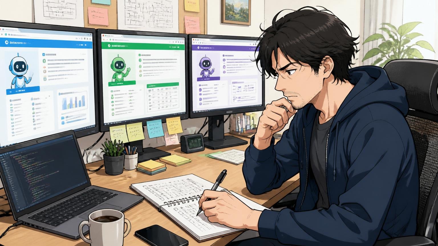 自宅のデスクで複数のエージェントサイトを比較しながらノートにメモを取る30代エンジニア1人、慎重な表情