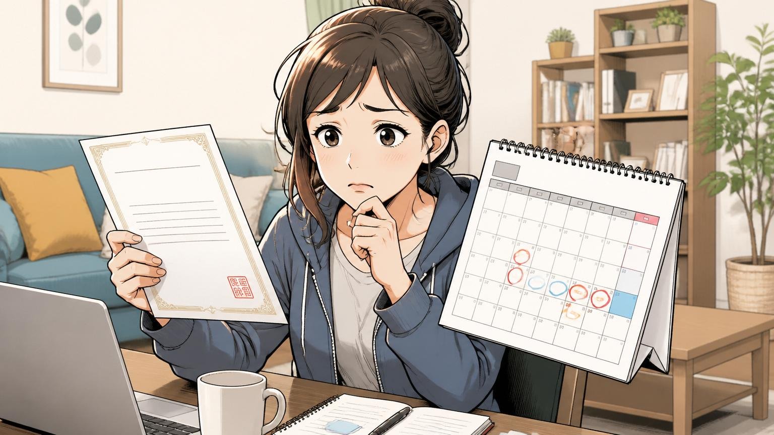 自宅のリビングでカレンダーと辞令を見比べながら賞与時期と評価面談を確認する30代女性エンジニアが考え込む表情