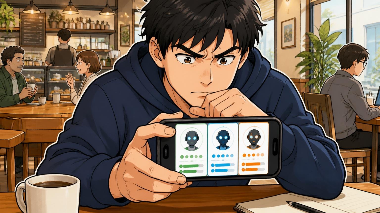 エージェント3社の比較を眺めるシーン|カフェのテーブルでスマホ画面の3つのエージェント比較を真剣に見つめる30代エンジニア