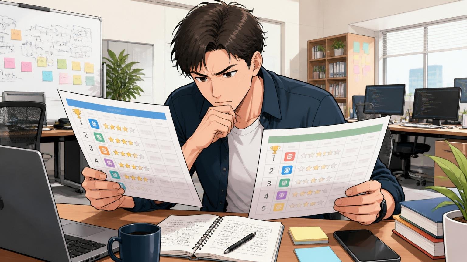 Web系スタートアップのオフィスで30代エンジニア1人がランキング表を見比べてサービス選びに集中する場面