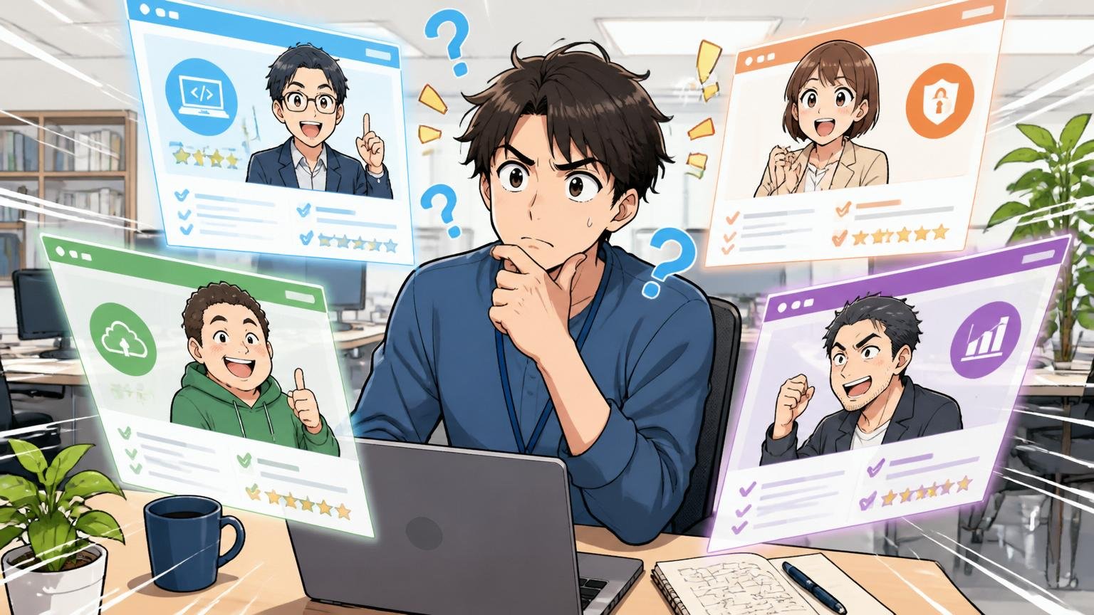 明るいオフィスで複数のIT特化型エージェントを比較する経験者エンジニア1人