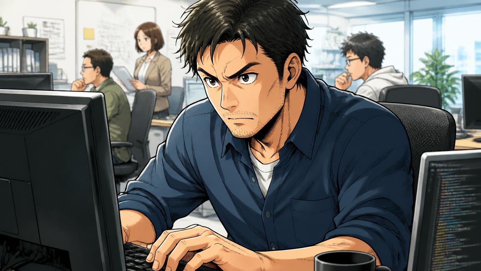 企業のオフィスで30代後半のエンジニア1人が決意した表情でPC作業、力強い目線