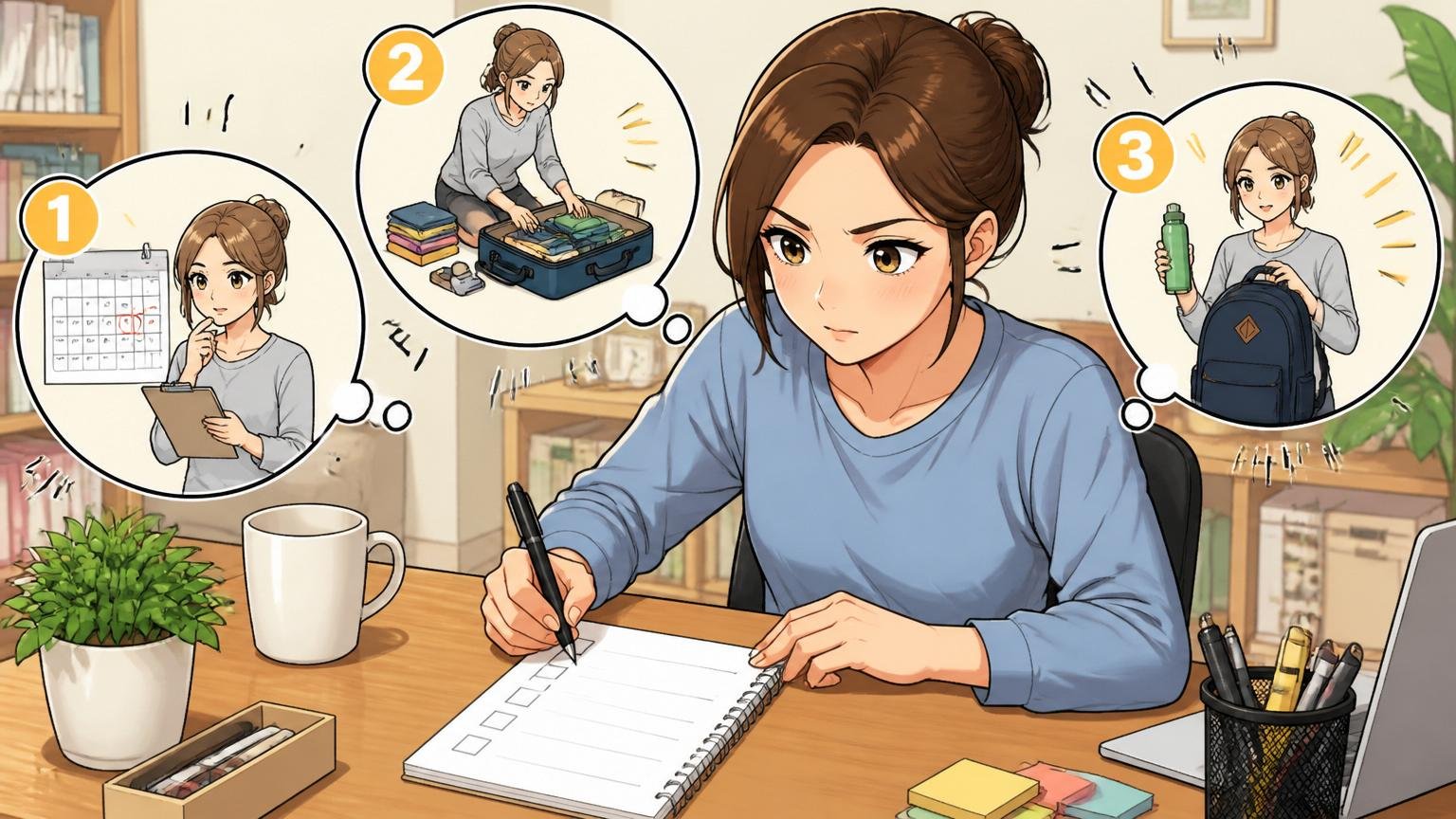 動く前の準備3ステップ、自宅のデスクでチェックリストを書く30代女性、計画的に準備を進める集中した表情
