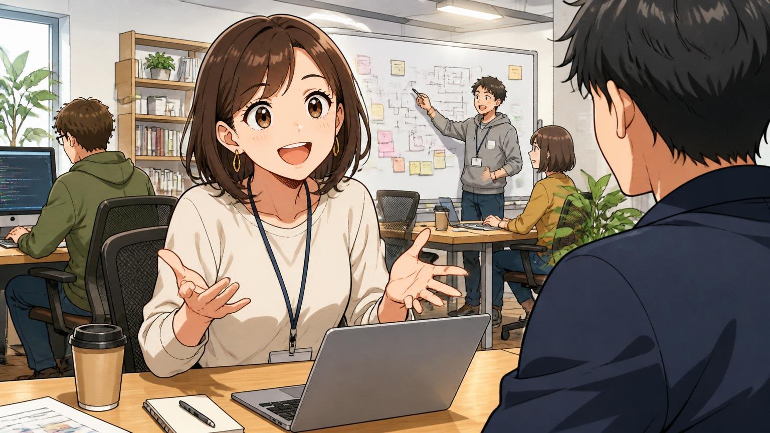 Web系スタートアップのオフィスで30代女性エンジニアがカジュアル面談で相手と楽しそうに会話する様子