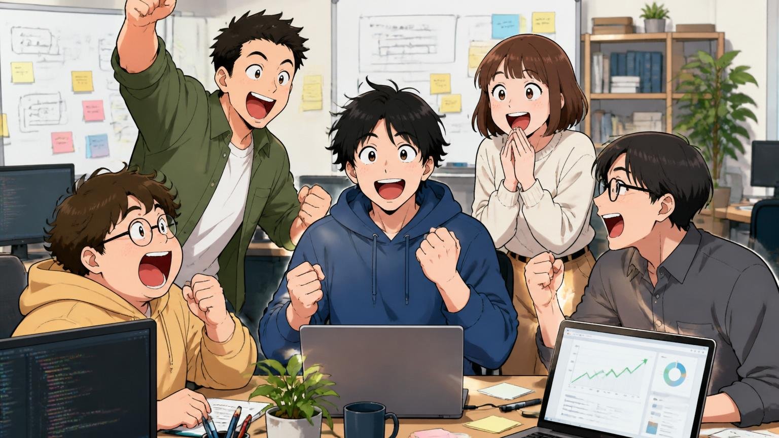 自社開発企業・SES企業との違い／Web系スタートアップのオープンオフィス／エンジニア5人／自社プロダクトのリリースで盛り上がっている