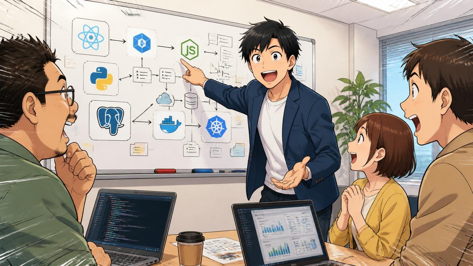 IT特化型エージェントを選ぶ理由｜会議室で男性アドバイザーが技術スタックを話し合う