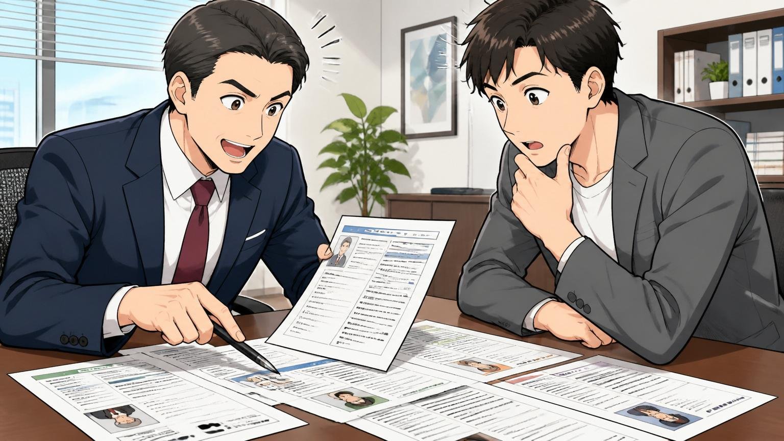企業の会議室で複数の求人票を見比べながら相談する40代男性キャリアアドバイザーと30代男性転職検討者の2人