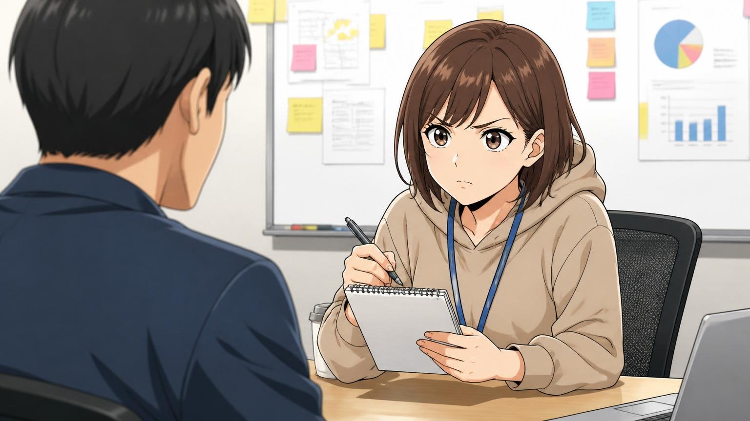 Web系スタートアップの会議室で退職者の理由について真剣な表情でメモを取りながら質問する20代女性エンジニア