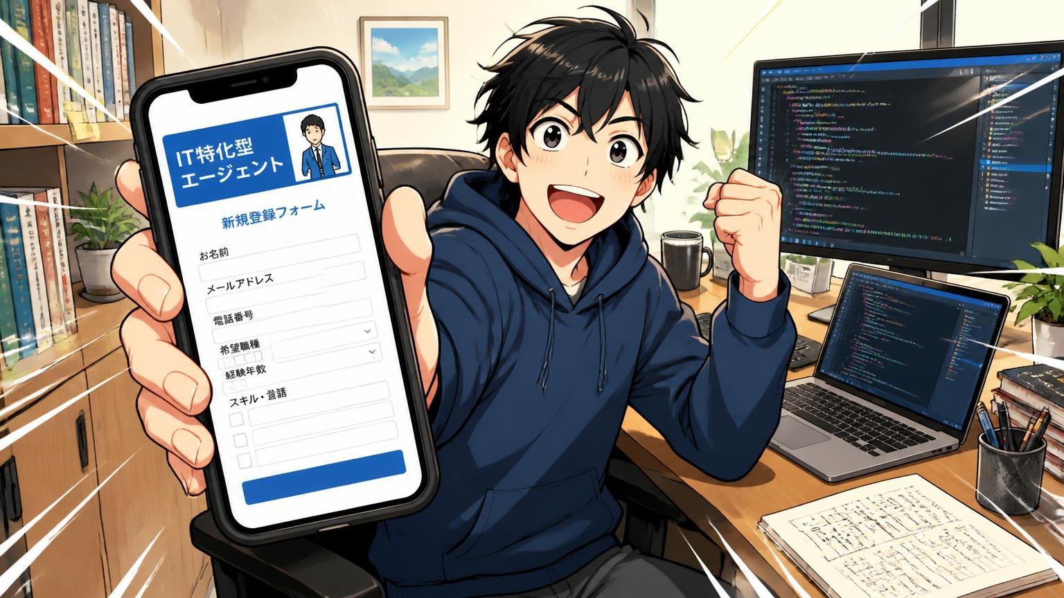 自宅のデスクでスマホでIT特化型エージェントへの登録フォームを開きながら一歩を踏み出すエンジニア