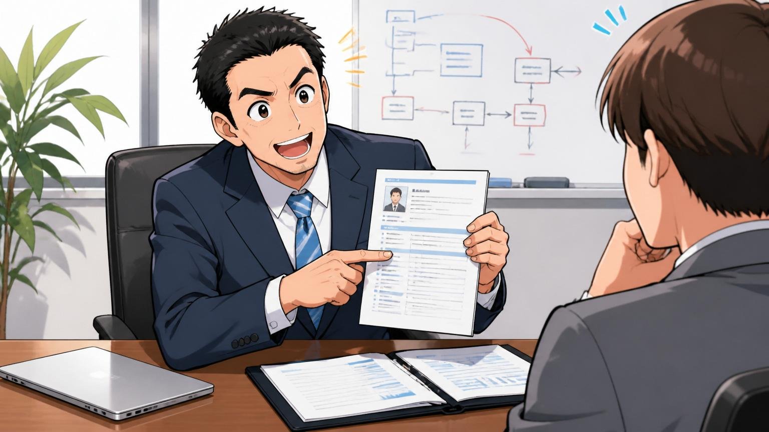 企業の会議室で職務経歴書を見ながら手順を説明するキャリアアドバイザー
