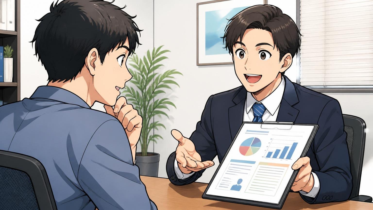 企業の面談ルームでスーツ姿のキャリアアドバイザーが30代男性エンジニアに笑顔で資料を見せ説明する
