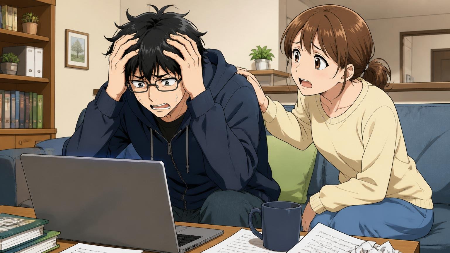 自宅のリビングで頭を抱える30代男性エンジニアと、それを心配する妻