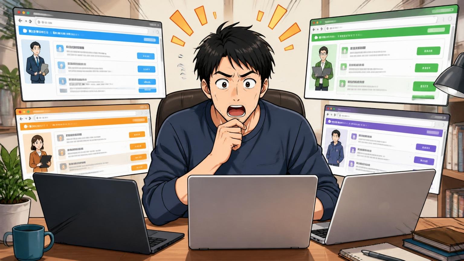 複数登録が鉄則と知る場面、自宅のデスクで30代エンジニアが複数のエージェントサイトを同時に開いて比較