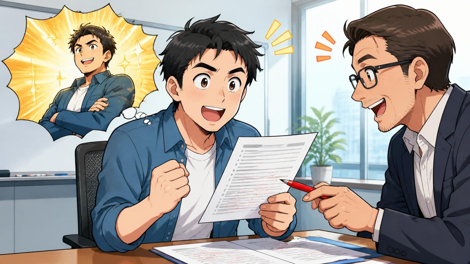 企業の会議室で職務経歴書の添削を受けながら自分の強みを再発見する30代エンジニア男性1人