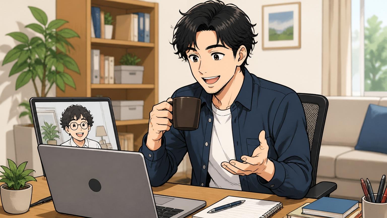 オンラインカジュアル面談中の自宅デスクの30代社員、画面越しに穏やかに会話する表情、コーヒー片手
