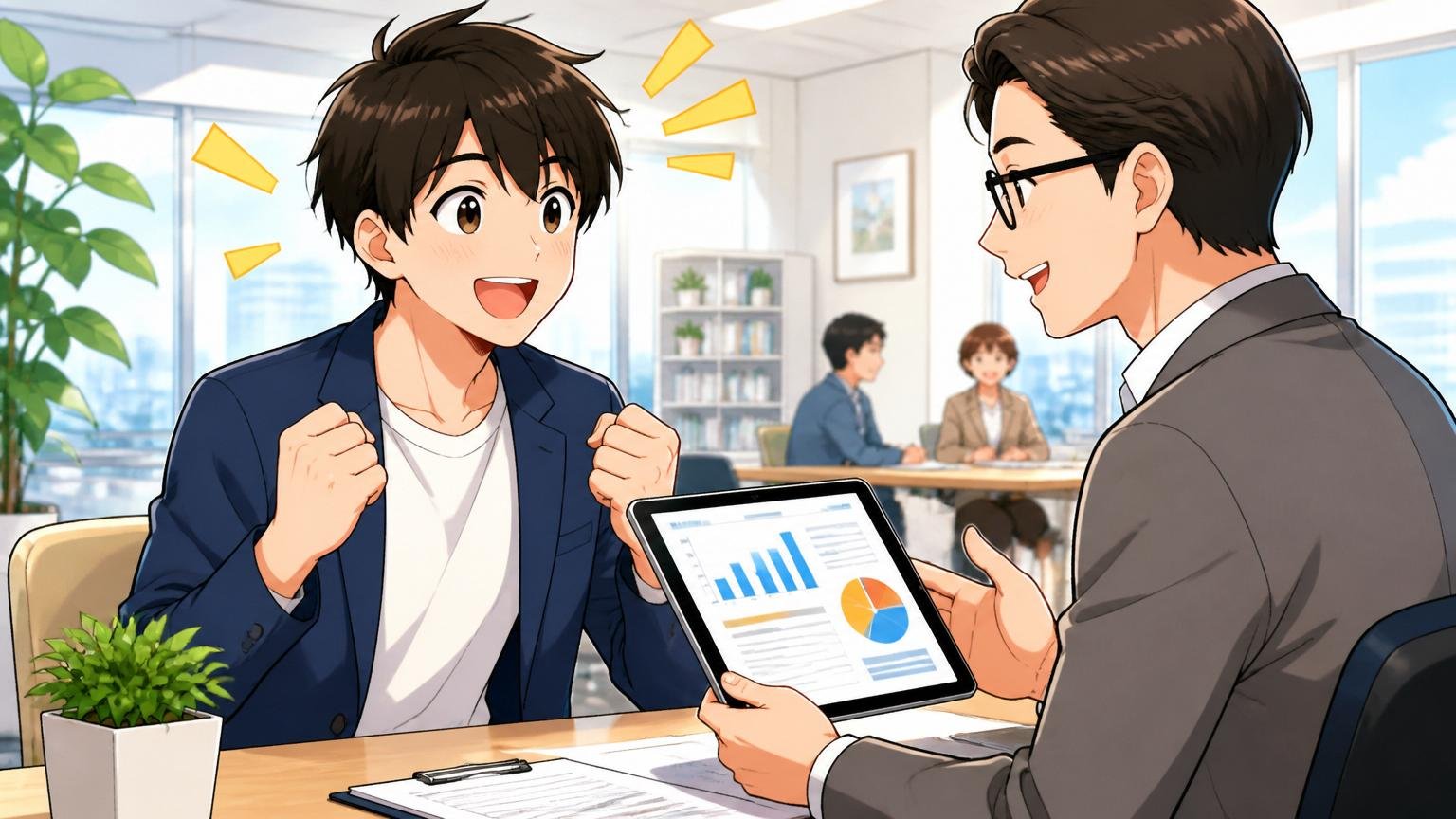 無料相談で適正年収を知る。明るいオフィスでカウンセラーと笑顔で話す20代男性