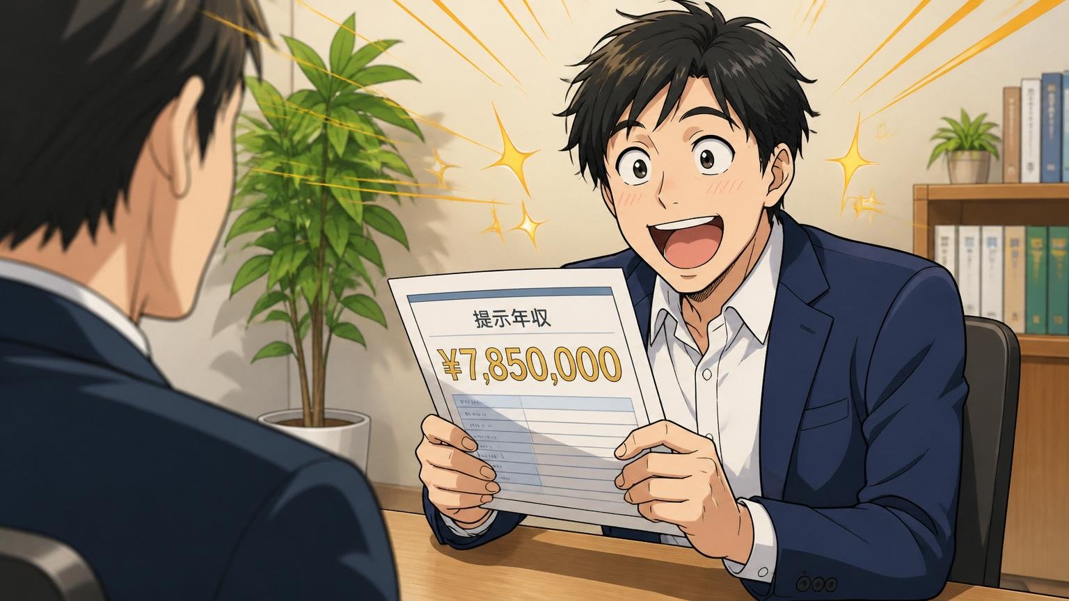 市場価値を数字で確かめるおすすめエージェント。面談スペースで年収提示に驚き笑顔の男性