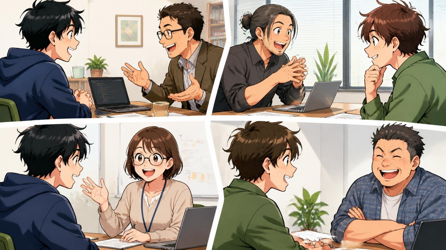 ステップ3複数のエージェントを比較して使う。複数の面談相手と話す様子を並べた転職活動中のエンジニア2人