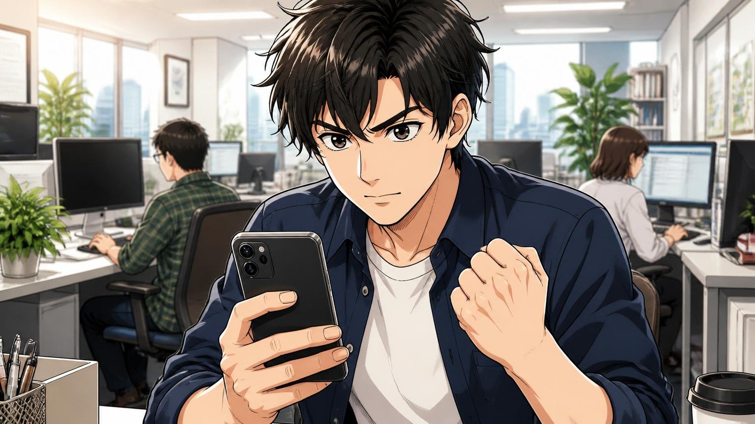 まずは無料相談であなたの本当の市場価値を確かめよう オフィスでスマホから無料相談に申し込むエンジニア1人 決意のこもった表情