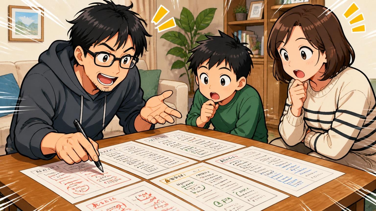 STEP4:フィット度を比較し、自分のタイミングで決める。自宅のリビングで複数の選択肢を紙に書き出して家族と話し合うエンジニア