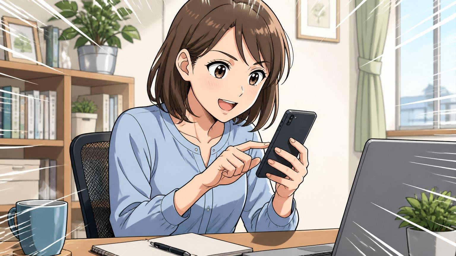 スマホで無料相談に申し込む転職検討者の自宅のデスクで在宅勤務、30代女性1人、決意した表情でタップ