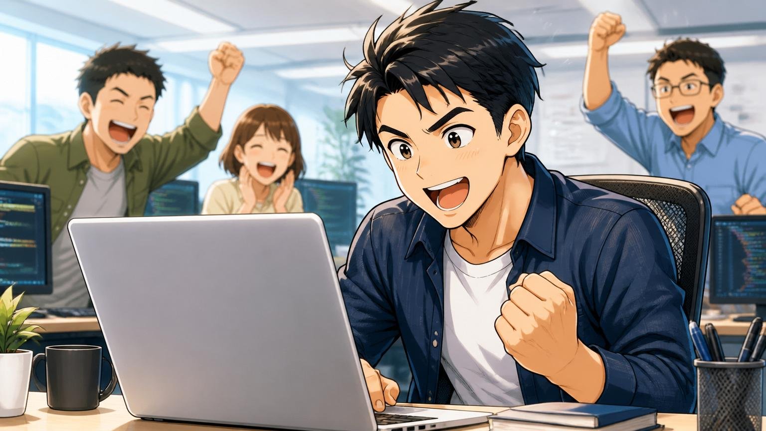 年収アップに強いIT特化型TOP3｜オフィスで男性エンジニアが希望に満ちた表情でPCを見る