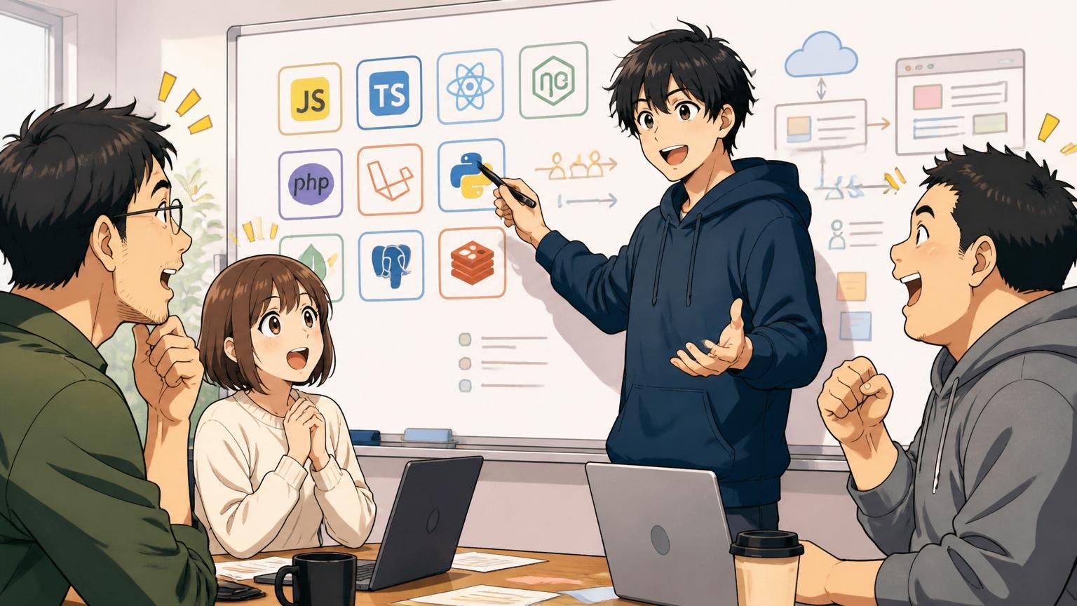 Web系スタートアップの会議室で自分の技術スタックを示しながら入社後の役割を確認する20代男性エンジニア