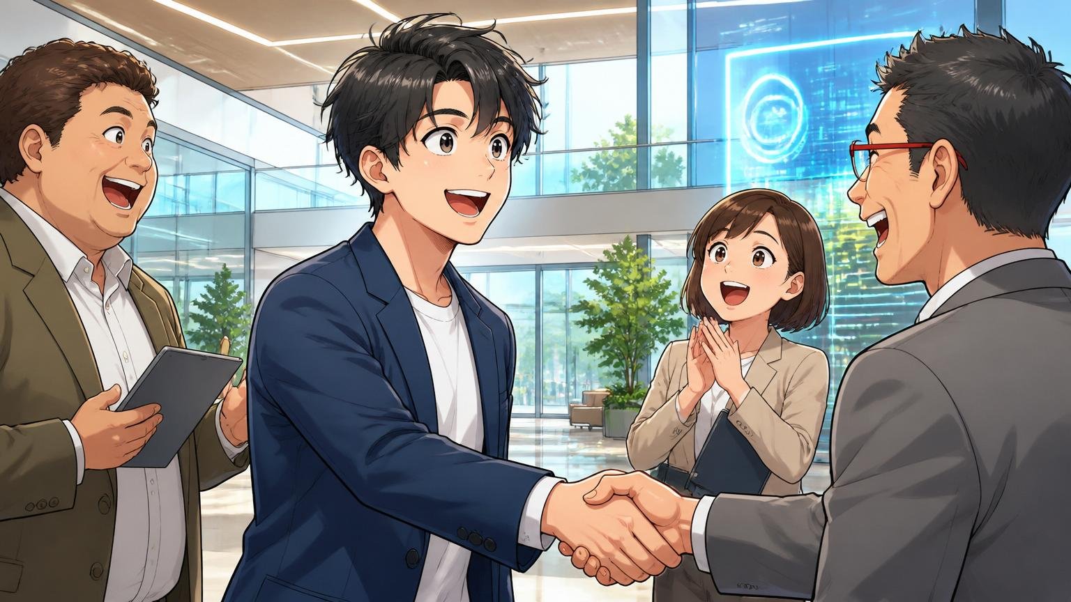 最先端のIT企業のエントランスで複数のキャリアアドバイザーと笑顔で握手を交わす経験者エンジニアの希望に満ちた瞬間