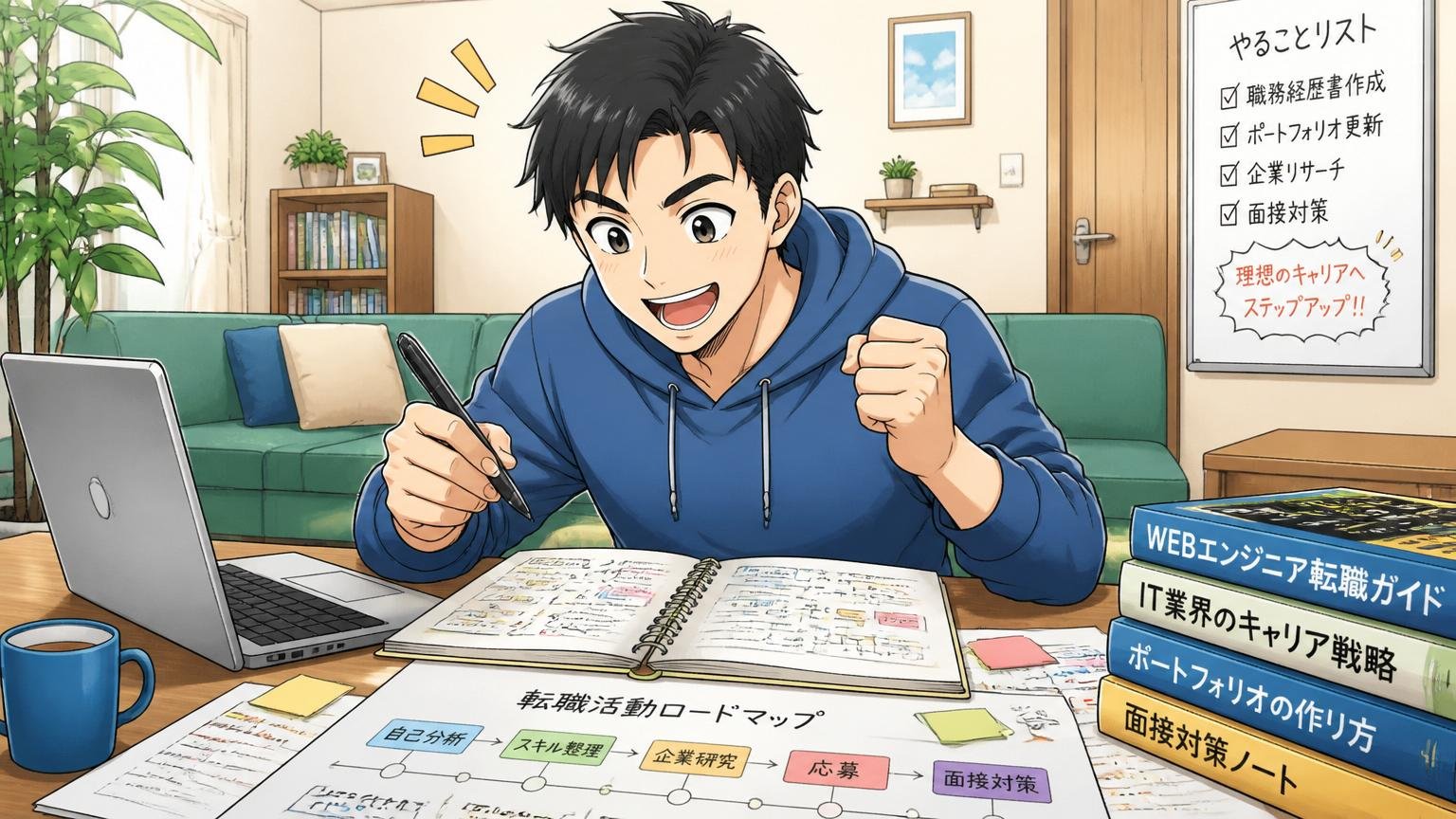 自宅のリビングで30代エンジニアが転職活動の計画を笑顔で立てている