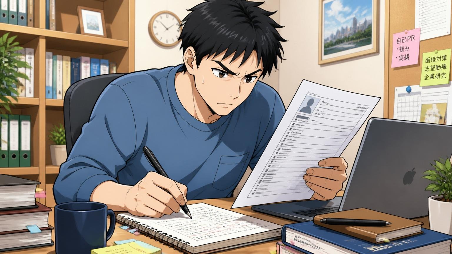 自宅のデスクで職務経歴書を書き直しながらノートにメモを取る転職検討中の男性